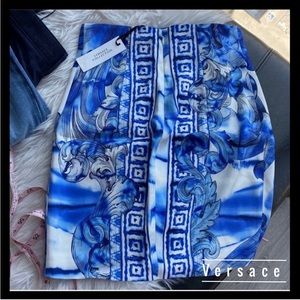 Versace Baroque Blue Logo Pencil Midi Mini Skirt - Small 100% Authentic!!